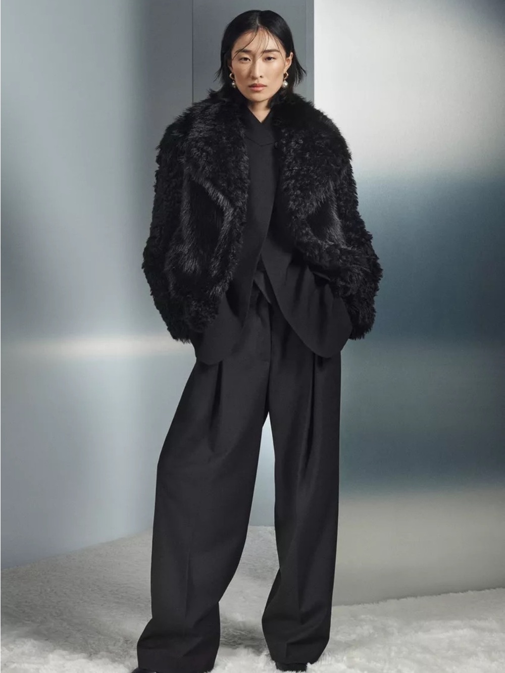 Zara Black Faux-Fur Jacket with Wide-Leg Trousers